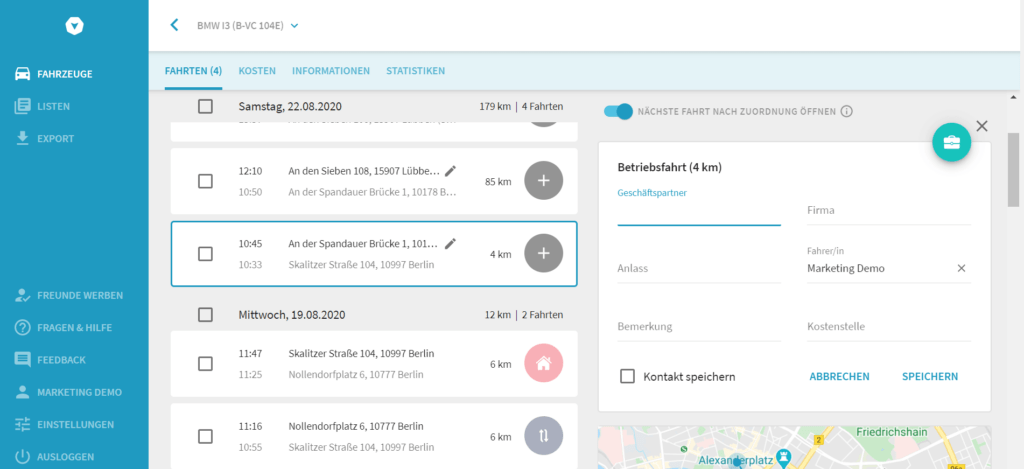 Fahrtenkategorisierung im Vimcar Fahrtenbuch