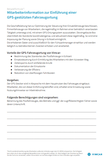 Formular zur Einführung einer GPS-gestützten Fahrzeugortung